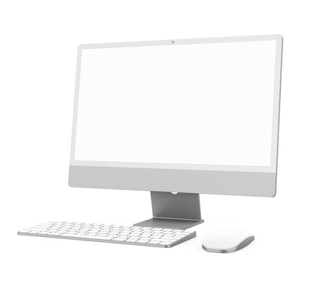Desktop Computer with a Blank White Screen Monitor, Keyboard and Mouse Isolatedの写真素材