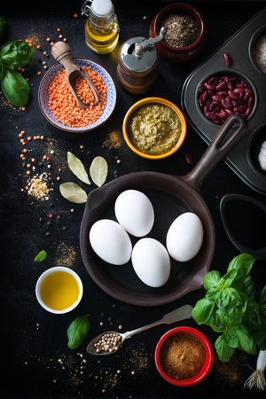 Food frame, background or healthy food concept on a vintage background, top view with copy spaceの写真素材