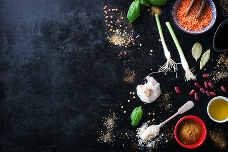 Food frame, background or healthy food concept on a vintage background, top view with copy spaceの写真素材