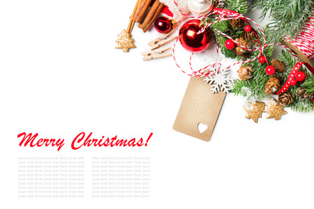 Christmas concept , christmas decoration, top view, isolated with sample textの写真素材