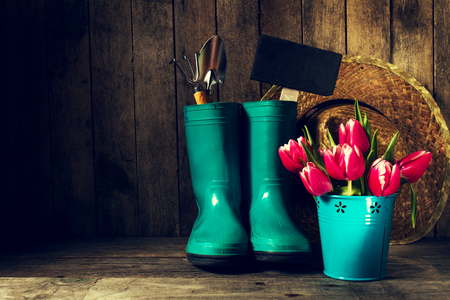 Gardening tools with blue rubber boots, straw hat, spring flowers on a wooden background. Spring, summer, vacation or gardening concept. Toning.の写真素材