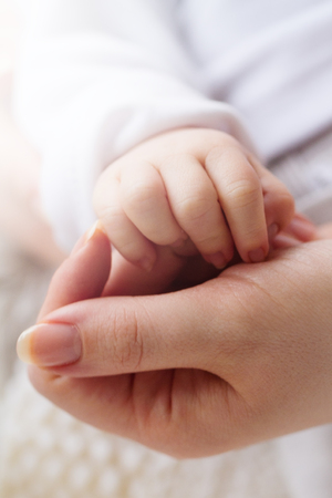 Small cute baby hand in mothers hand. Closeup. Concept of maternity or love.の写真素材