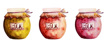 Beautiful Tasty Appetizing Jam Jars with Fruit Jam. Hand Drawn Watercolor. Illustration. Isolated.の写真素材