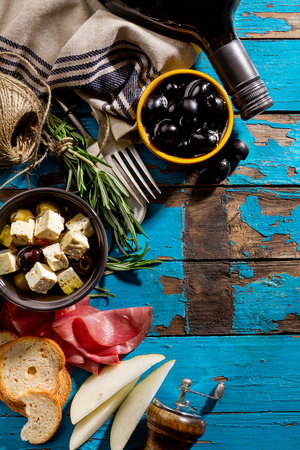 Tasty appetizing italian Mediterranean Food Ingredients Flat Lay on Blue Old Rustic Background Top View Copy Space Aboveの写真素材