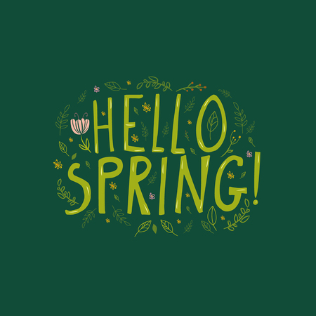 Vector illustration of green Hello Spring words and small flowers and plants on green background.のイラスト素材