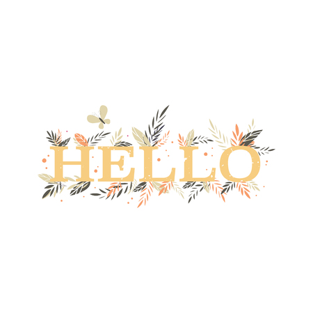 Vector illustration of yellow printed word Hello with floral design.のイラスト素材