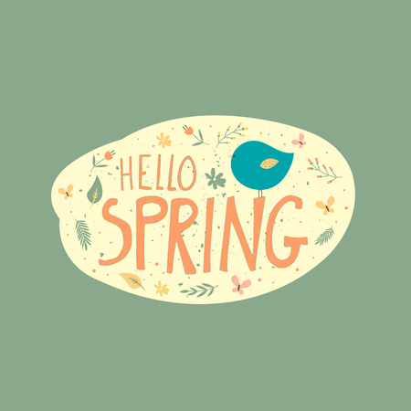 Vector illustration of green postcard with message Hello Spring with green background.のイラスト素材