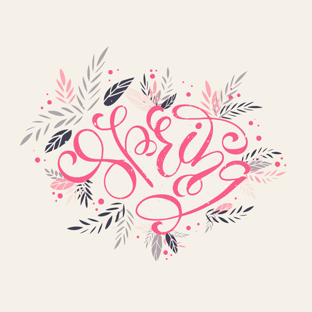 Card of word Spring in pink creative font with ornamental frame.のイラスト素材