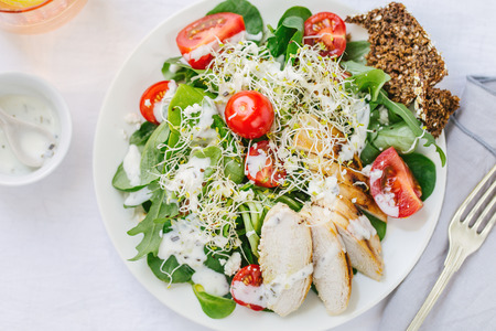 Healthy vegetable summer salad, fresh vegetables and chicken breast with yogurt dressing. Top View. Horizontalの写真素材