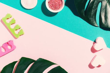 Spa Wellness Relax concept. Spa Fashion background with spa accessories on colorful modern background. Vintage colors. Flat Lay.の写真素材