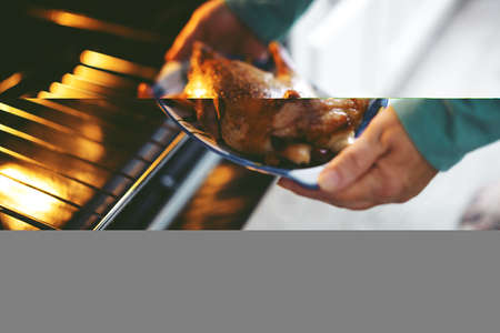 Woman cooking duck with vegetables and puting it from oven. Lifestyle. Christmas or Thanksgiving...
