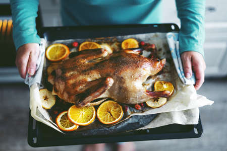 Woman cooking duck with vegetables and puting it from oven. Lifestyle. Christmas or Thanksgiving concept.の写真素材