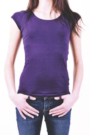 Nice women in violet T-Shirt on a white backgroundの写真素材