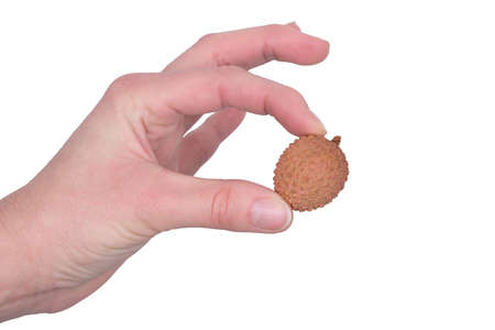 Fresh lychees in woman hand isolated on white backgroundの写真素材