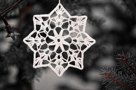 Closeup of elegant ornament on Christmas pine treeの写真素材