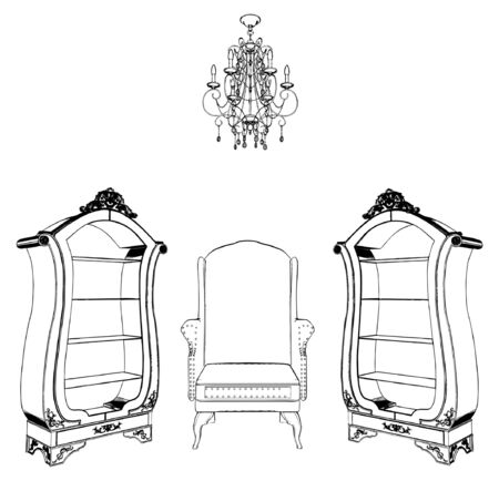 Interior Scene With Antique Armchair Bookcase Chandelier のイラスト素材