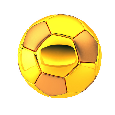3D Illustration Of Golden Football And Soccer Ball. Patches are made from the Gold material. Isolated on white background.の写真素材