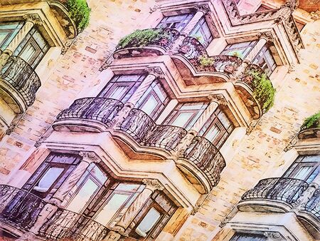 Vintage Eclectic Ionic Facade. Digital illustration Color Pencil Sketch Painting Artworkの写真素材