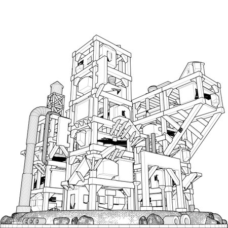 Abstract Apocalyptic Futuristic Building Vector. Construction Structure Illustration Isolated On White Background.のイラスト素材