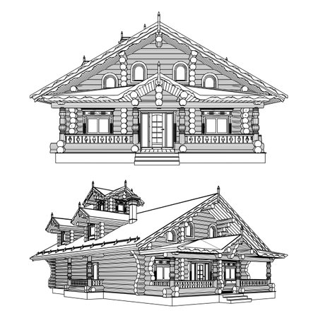 Wooden House Made Of Logs Vector. Wood Building Construction Structure Illustration Isolated On White Background.のイラスト素材