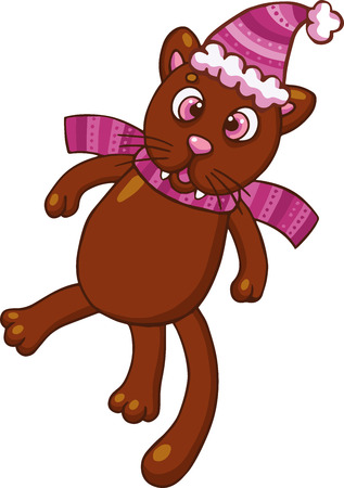 Cartoon cat character in Christmas hat. Vector illustration isolated on white.の写真素材