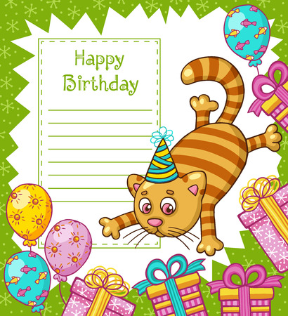 Vector illustration of cartoon cat character. Happy Birthday card.の写真素材
