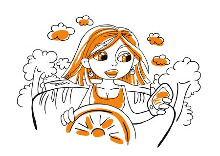 Vector illustration with cartoon girl in a car.のイラスト素材