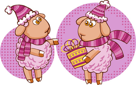 Vector illustration of cartoon sheep character in Christmas hat isolated on white.のイラスト素材