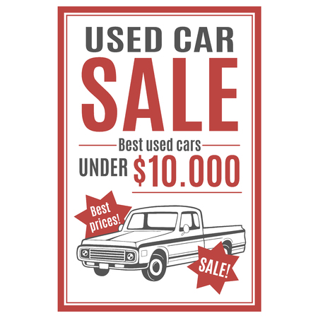 Vector template for used car sale advertisement with pickup illustration.のイラスト素材