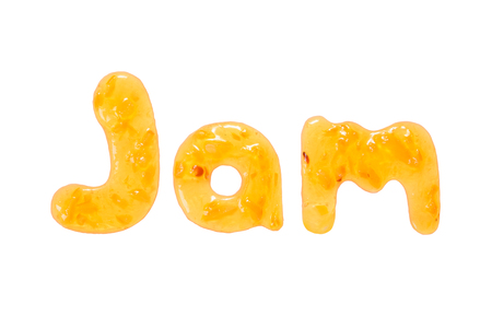 Lemon jam inscription isolated on white background. Yellow color.の写真素材