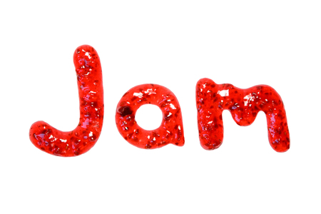 Raspberry jam inscription isolated on white background. Red color.の写真素材