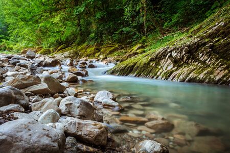 Mountain river Khosta, canyon Devil's Gate in Caucasian biosphere reserve, Sochi, Russia. Popular mountain tourist route.の写真素材