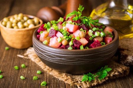 Vinegret - traditional Russian vegetable salad. Selective focus.の写真素材