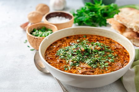 Traditional Georgian soup Kharcho in bowl on gray concrete background. Selective focus.の写真素材
