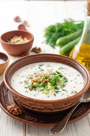Traditional bulgarian cold summer soup tarator with yogurt, dill, cucumber and walnuts in ceramic bowl on wooden table. Selective focus.の写真素材