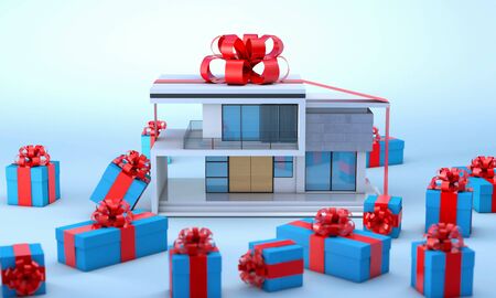 modern house home and ribbon, real estate gift, 3d rendering