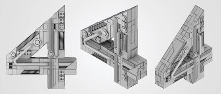 White number 4 four, 3D rendering machine style, isolated white background front and isometricの写真素材