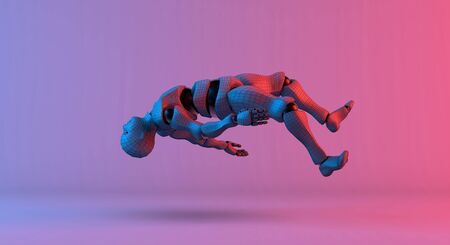 Robot wireframe float on gradient red violet background, 3d renderingの写真素材
