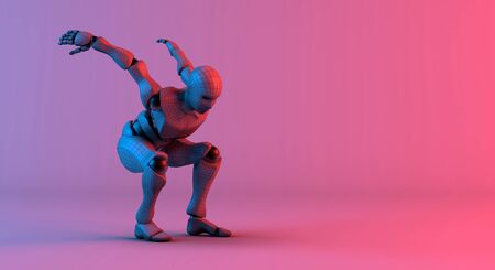 Robot wireframe prepare jump on gradient red violet background, 3d renderingの写真素材