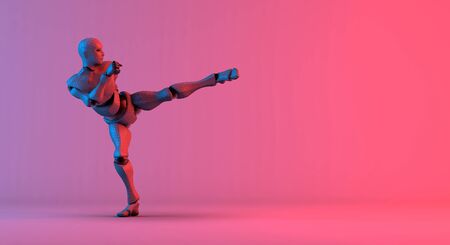 Robot wireframe kick on gradient red violet background, 3d renderingの写真素材