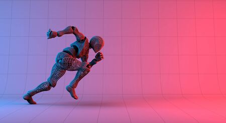 Robot wireframe fast run on gradient red violet background, 3d renderingの写真素材