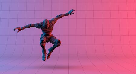 Robot wireframe jump on gradient red violet background, 3d renderingの写真素材