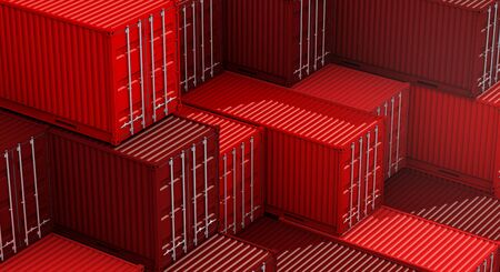 Stack of red containers box, Cargo freight ship for import export logistics 3D renderingの写真素材