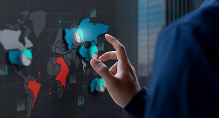 Businessman touch market share icon on 3d digital world map screen