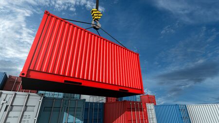 Crane hook with a cargo red container for text, 3d renderingの写真素材