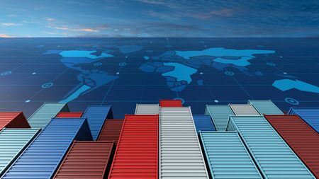 Container cargo ship in import export business logistic on digital world map, 3d rendering