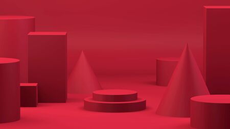 Red abstract geometric minimal background and circle cylinder stage on center, 3d renderingの写真素材