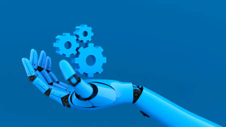 Blue robot hand and cogwheel, A.I. machine system for business in the future, 3d renderingの写真素材