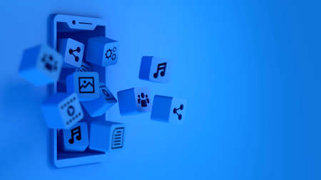 Many blue media application rectangle shape float out from smartphone screen, 3d renderingの写真素材