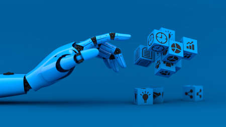 Blue robot hand manage business icon, A.I. and machine technology assistant for industrial, 3d renderingの写真素材
